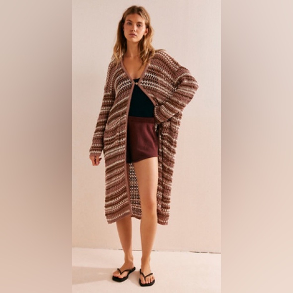 Free People Striped Long Knit Cardigan in Brown and Cream